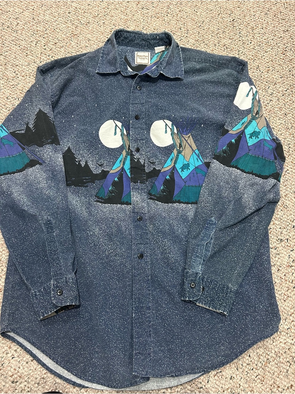 Vintage Western Plains Trading Co Mountain Print Button-Up Shirt Jacket - Navy